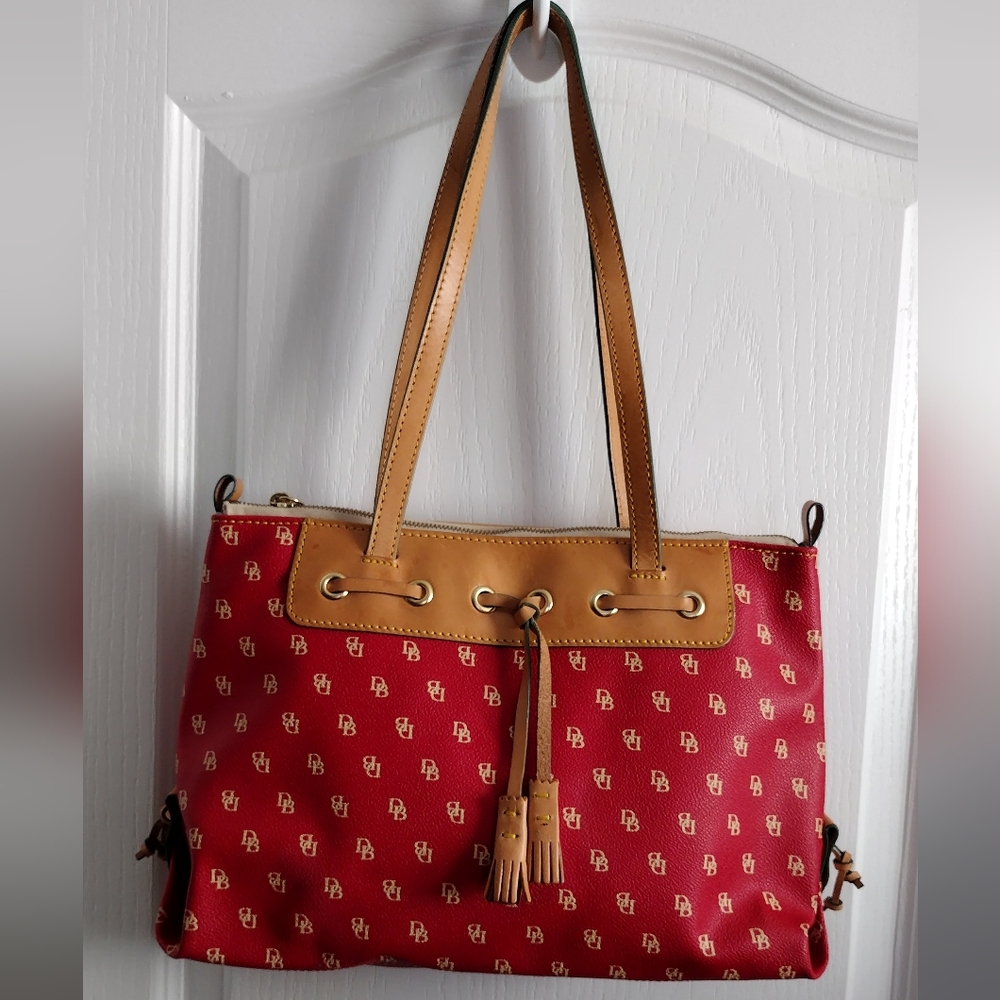 Dooney & Burke Red Signature Coated Canvas with Leather Handles and Trim.